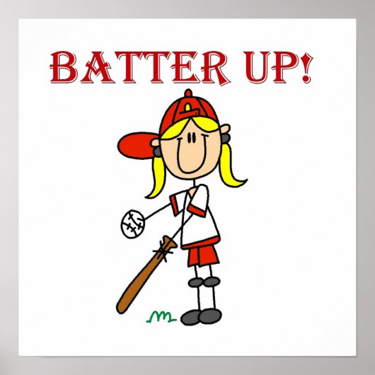 Red Text Batter Up Girls Softball Shirten en Gifts Poster (Voorkant)