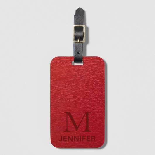 Red Textured Leather Monogram Persoonlijke naam Bagagelabel (Voorkant (verticaal))