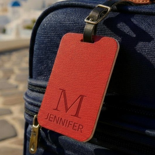 Red Textured Leather Monogram Persoonlijke naam Bagagelabel