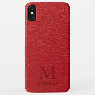 Red Textured Leather Monogram Persoonlijke naam Case-Mate iPhone Case