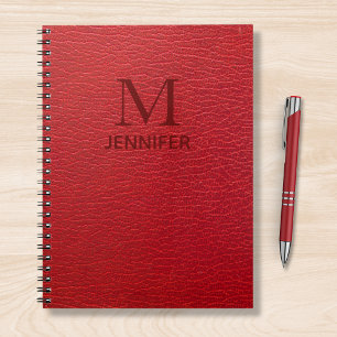 Red Textured Leather Monogram Persoonlijke naam Notitieboek