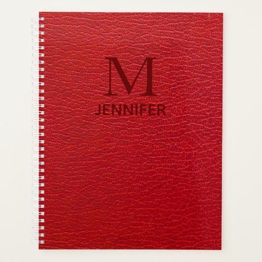 Red Textured Leather Monogram Persoonlijke naam Planner (Voorkant)