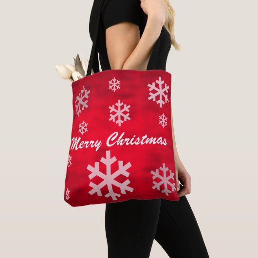 Red Textured Merry Kerstmis met Snowflakes Tote Bag (Dichtbij)