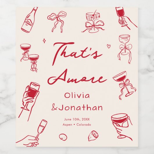 Red That's Amore Hand Drawn Wedding Wijn Etiket (Enkel label)