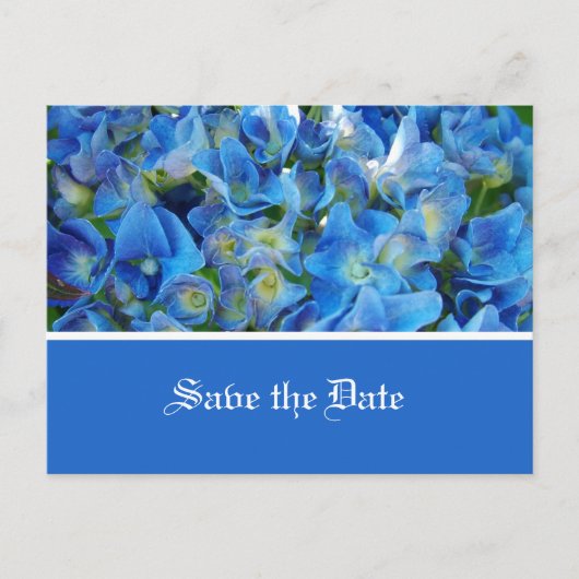 " red the date " : blauwe hydrangebloemen aankondigingskaart (Voorkant)