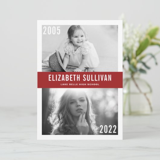 Red Then and Now Class of 2022 Graduation Aankondiging (Staand voorkant)