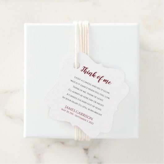 Red Think of me Celebration of Life Candle Bedankjes Labels (In situ)