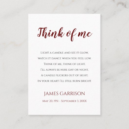 Red Think of me Celebration of Life Candle Plaatskaartje (Voorkant)