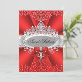 Red Tiara & Damask Sweet 16 Birthday Party Kaart (Staand voorkant)