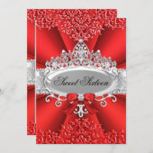 Red Tiara & Damask Sweet 16 Birthday Party Kaart (Voorkant / Achterkant)