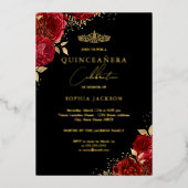 Red Tiara Floral Gold Quinceanera Folie Uitnodiging (Voorkant)