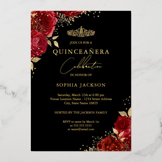 Red Tiara Floral Gold Quinceanera Folie Uitnodiging (Voorkant)