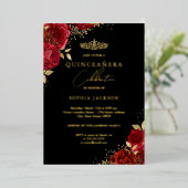 Red Tiara Floral Gold Quinceanera Folie Uitnodiging (Staand Voorkant)