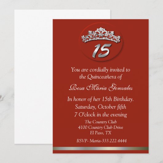 Red Tiara Quinceañera Uitnodiging (Voorkant / Achterkant)