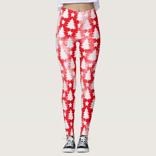 Red Tie Dye Christmas Tree Star Pattern Holiday Leggings (Voorkant)