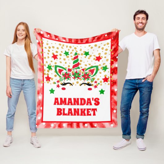 Red Tie Dye Eenhoorn Kerst Gepersonaliseerde Kinde Fleece Deken (In situ)