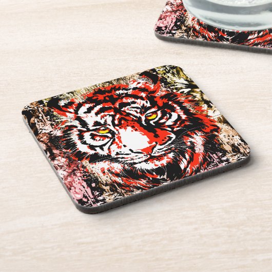 Red Tiger Beverage Coaster | Kleurrijk tijgergezic Bier Onderzetter (Linkerzijde)