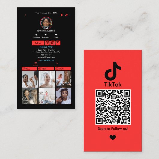 Red TikTok sociale media QR-code Visitekaartje (Voorkant / Achterkant)