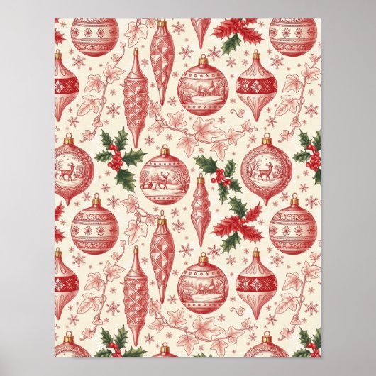 Red Toile Chinoiserie Christmas Ornaments Poster (Voorkant)