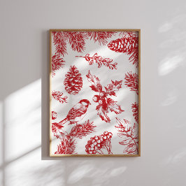  Red Toile Christmas Bird and Pine Poster