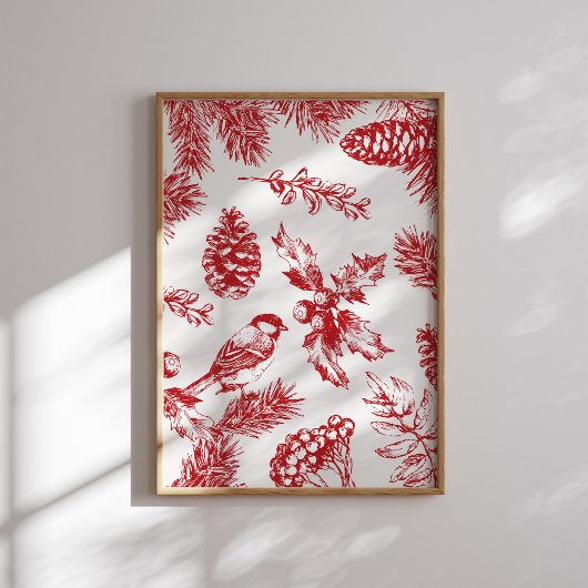  Red Toile Christmas Bird and Pine Poster