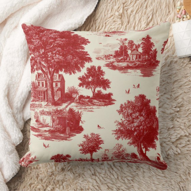 Red Toile Countryside Scene (12) Kussen (Deken)
