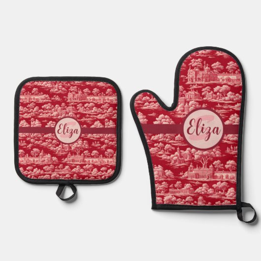 Red Toile de Jouy Ovenwant & Pannenlap Set (Voorkant)