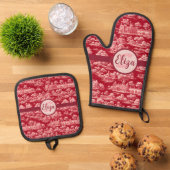 Red Toile de Jouy Ovenwant & Pannenlap Set (Top down)