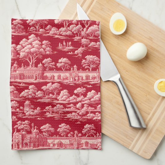 Red Toile-de-Jouy Theedoek (Quarter Fold)