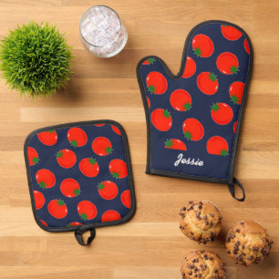 Red tomatoen on blue ovenwant & pannenlap set