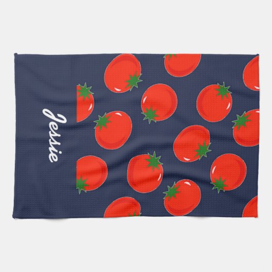 Red tomatoen on blue theedoek (Horizontaal)