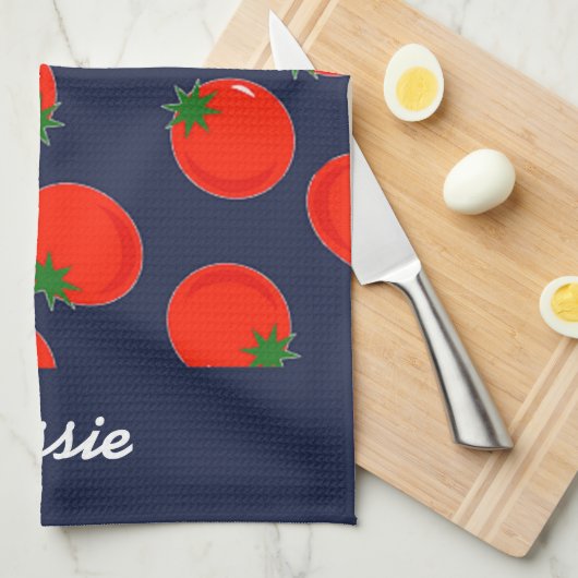 Red tomatoen on blue theedoek (Quarter Fold)
