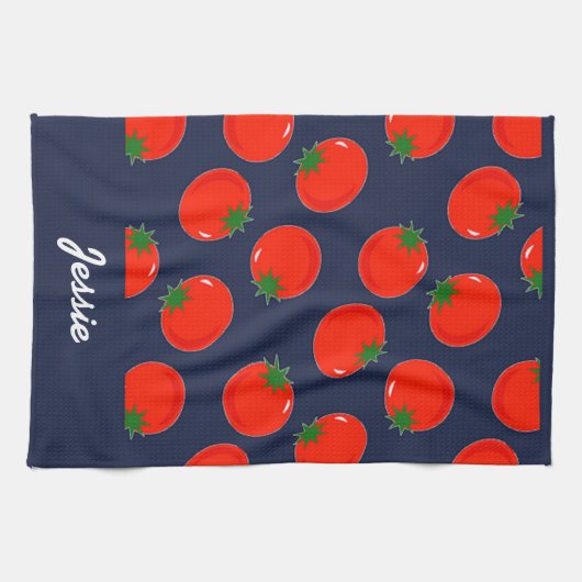 Red tomatoen on blue theedoek (Horizontaal)