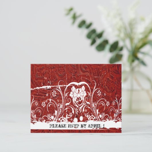 Red Tooled Leather RSVP Uitnodiging Briefkaart (Staand voorkant)
