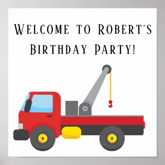 Red Tow Truck Birthday Party Square Poster (Voorkant)
