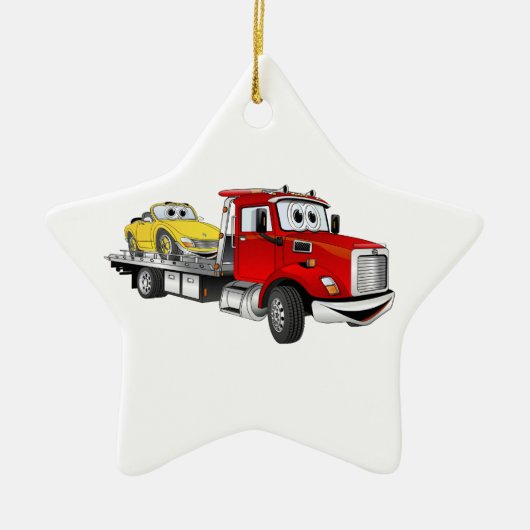 Red Tow Truck Flatbed Cartoon Keramisch Ornament (Voorkant)