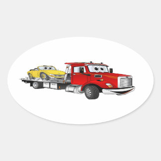 Red Tow Truck Flatbed Cartoon Ovale Sticker