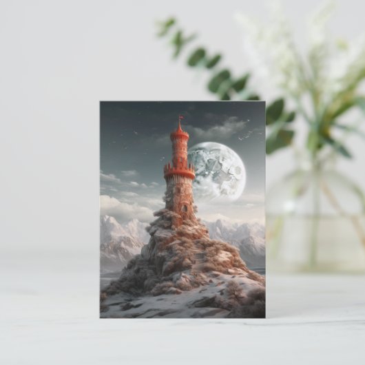 Red Tower Full Moon Landscape Fantasy Art Briefkaart (Staand voorkant)
