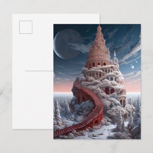 Red Tower Winter Landscape Fantasy Art Briefkaart (Voorkant / Achterkant)