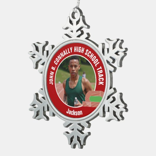 Red Track & Field Photo High School Athlete Tin Sneeuwvlok Ornament (Rechts)