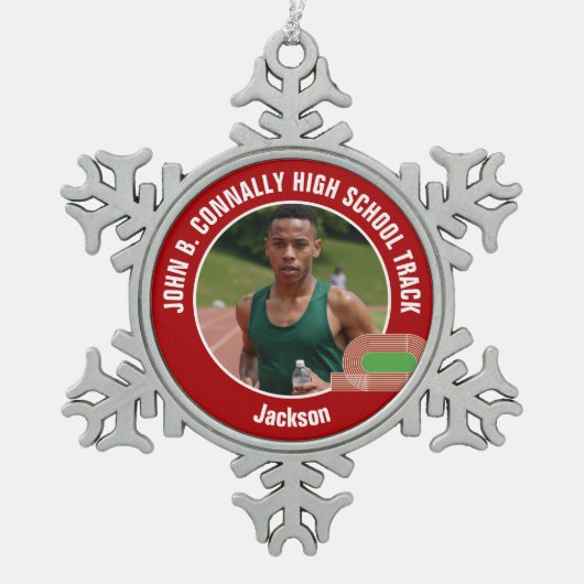 Red Track & Field Photo High School Athlete Tin Sneeuwvlok Ornament (Voorkant)