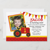 Red Tractor 1st Birthday Photo Invitation Kaart (Voorkant)