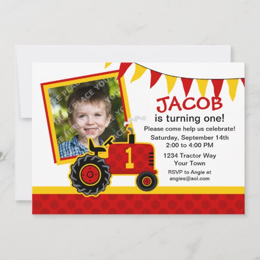 Red Tractor 1st Birthday Photo Invitation Kaart (Voorkant)