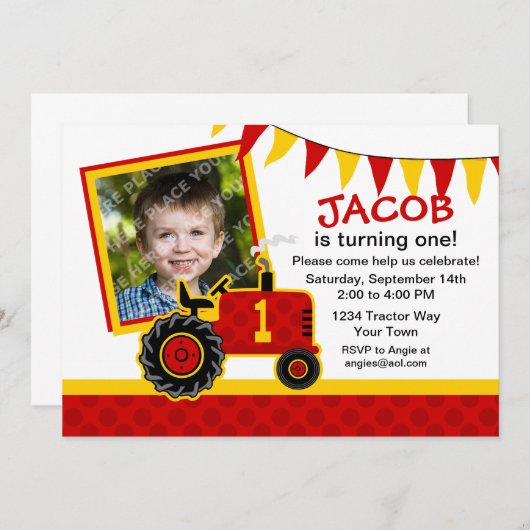 Red Tractor 1st Birthday Photo Invitation Kaart (Voorkant / Achterkant)