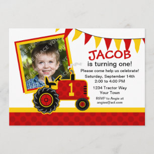 Red Tractor 1st Birthday Photo Invitation Kaart