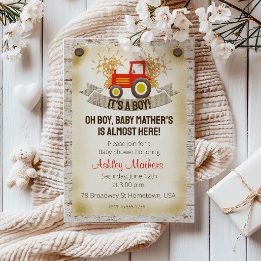 Red Tractor Baby Boy Shower Uitnodiging