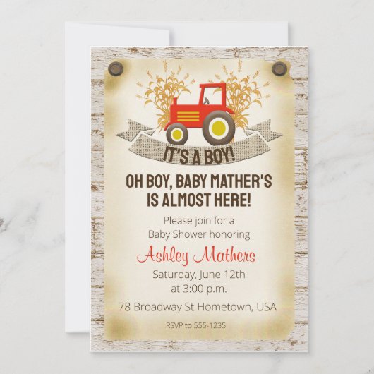 Red Tractor Baby Boy Shower Uitnodiging (Voorkant)
