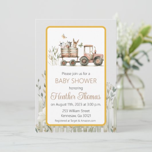Red Tractor Baby shower Invitation Kaart (Staand voorkant)