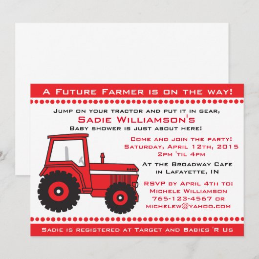 Red Tractor Baby shower Invitation Kaart (Voorkant / Achterkant)