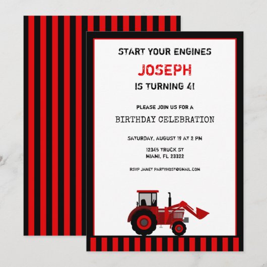Red Tractor Birthday Invitation Kaart (Voorkant / Achterkant)